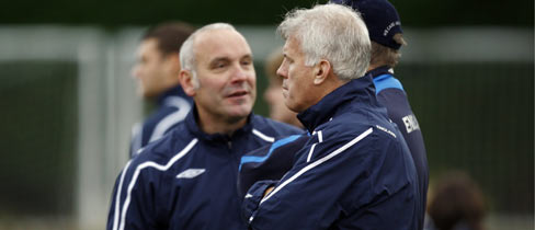 Brent Hills talks to goalkeeping coach Mark Phillips.